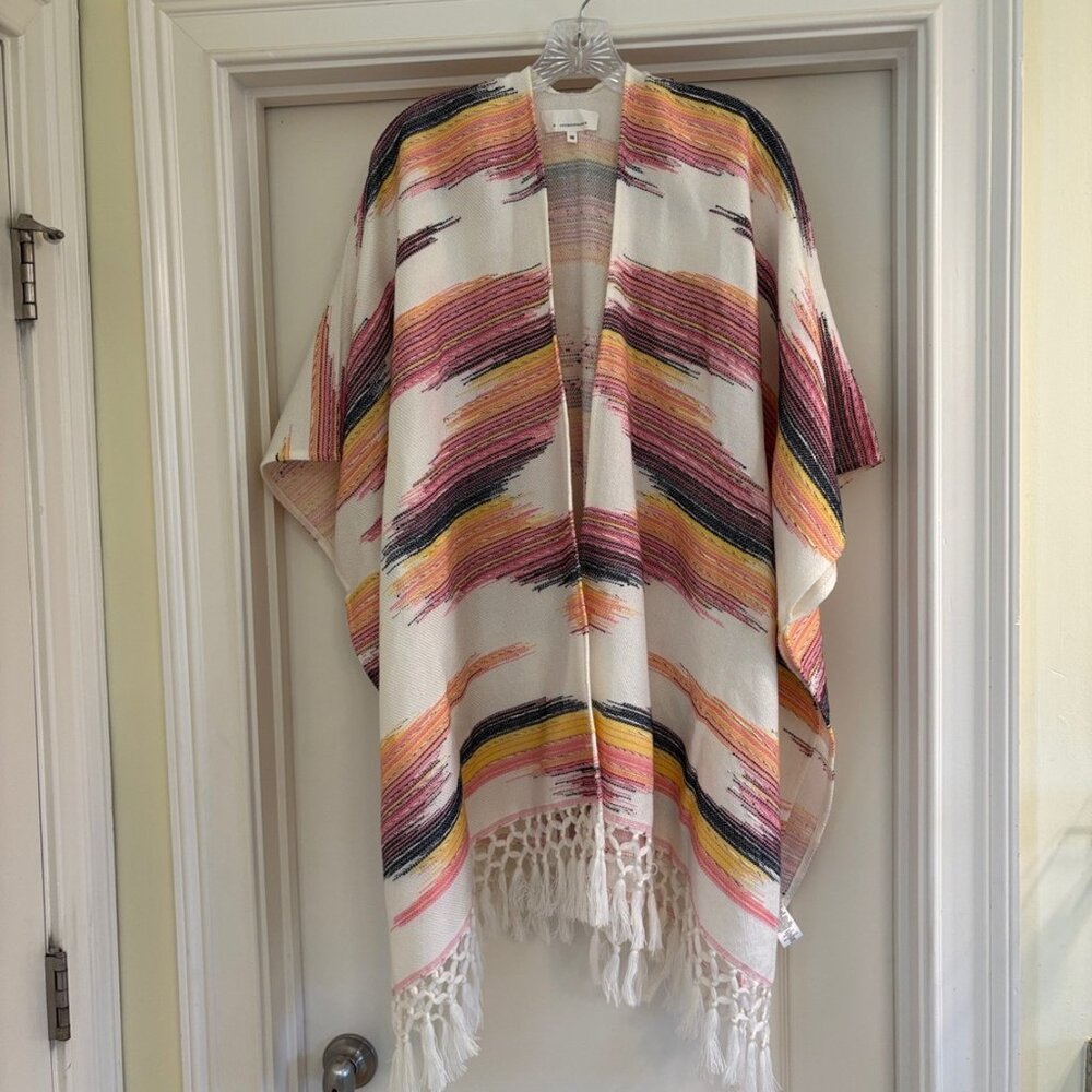 Anthropologie fringe kimono with abstract pink & yellow print. One Size.